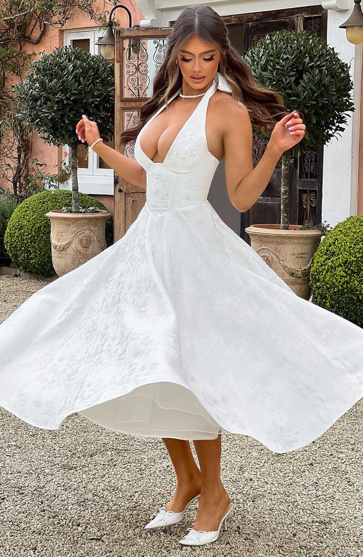 Camilla | Women's Halter Midi Dress for Wedding Guests-The Yellow Prime