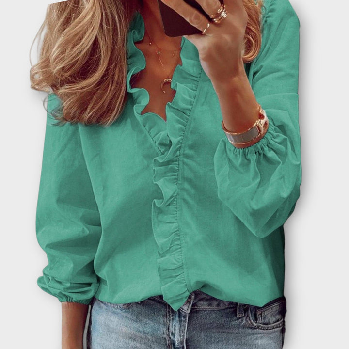 Caroline | Women's Long Sleeve Ruffle V-Neck Blouse-The Yellow Prime