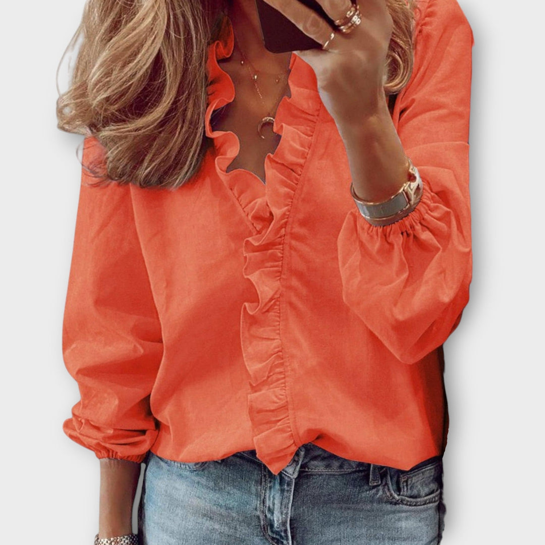 Caroline | Women's Long Sleeve Ruffle V-Neck Blouse-The Yellow Prime