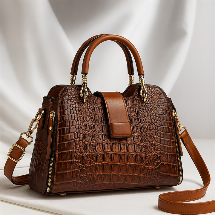 Women's Croc-Embossed Leather Handbag with Gold Accents