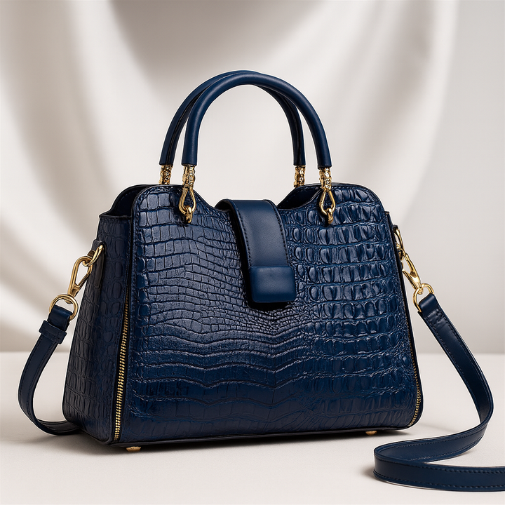 Women's Croc-Embossed Leather Handbag with Gold Accents