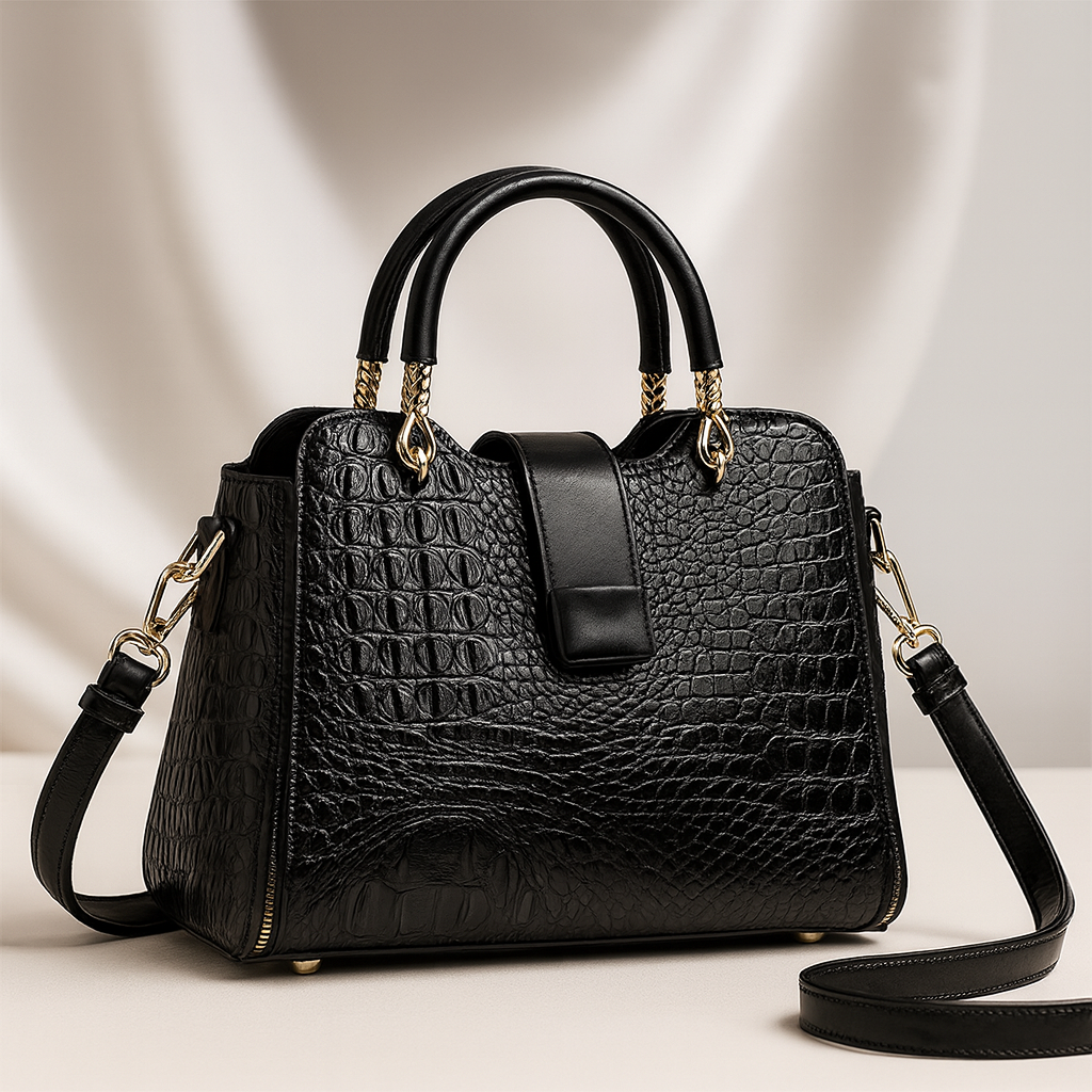 Women's Croc-Embossed Leather Handbag with Gold Accents