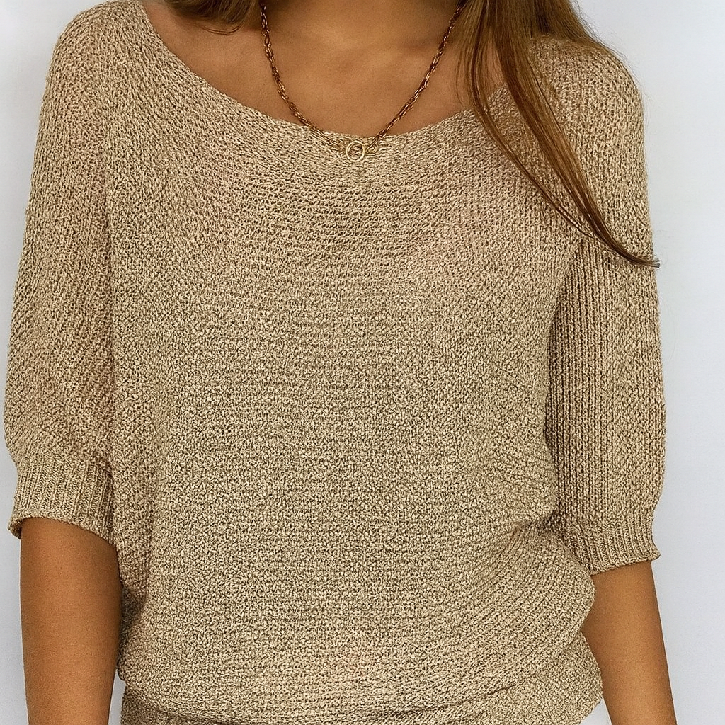 Women's Khaki Knitted Sweater with Round Neck and Half Sleeves