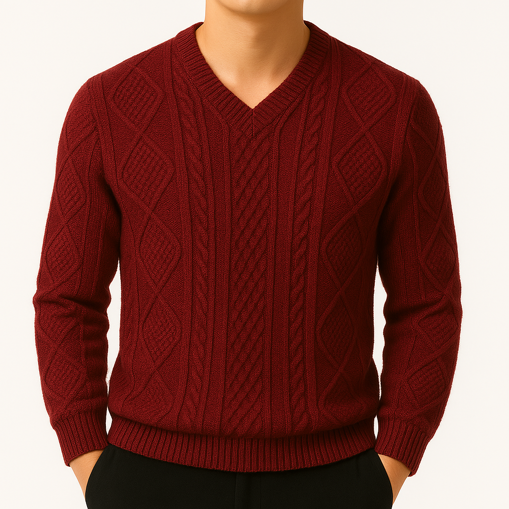 William | Men's Cable Knit V-Neck Wool Pullover Sweater