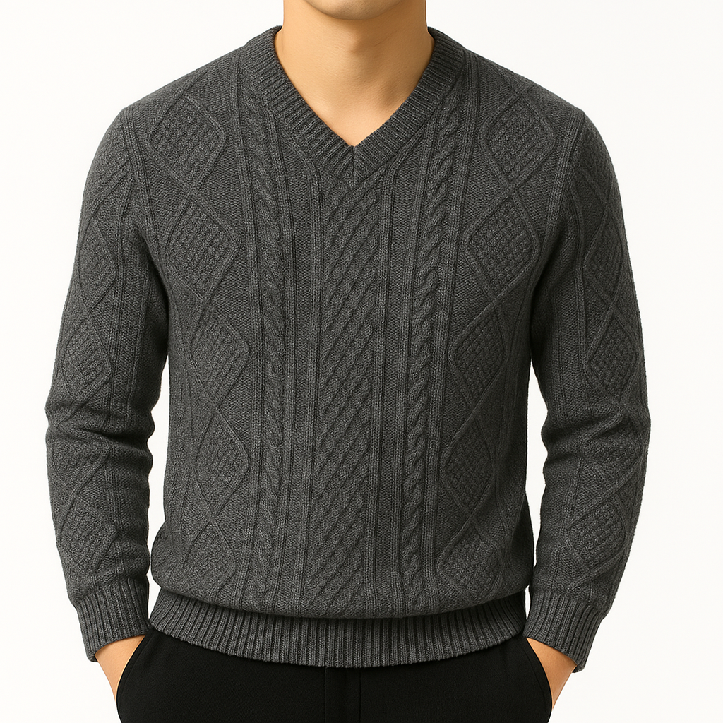 William | Men's Cable Knit V-Neck Wool Pullover Sweater