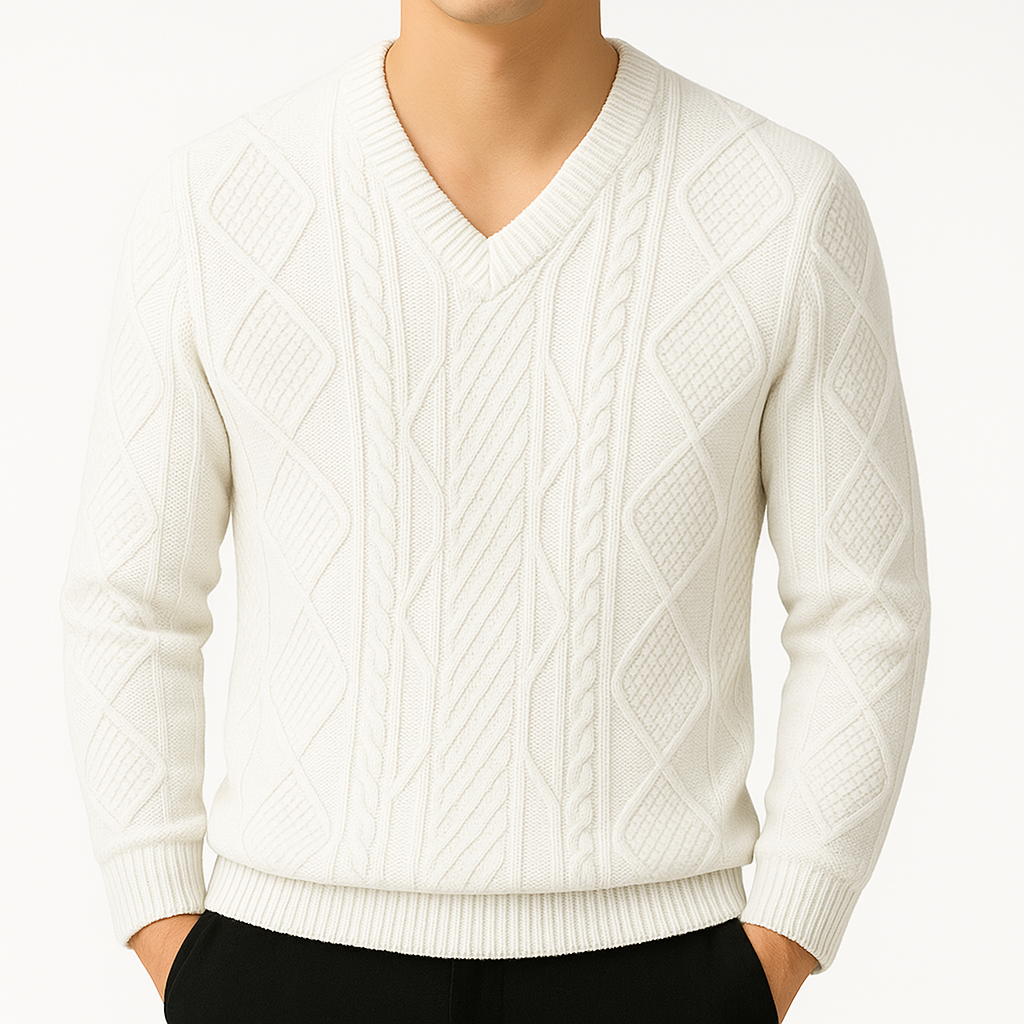 William | Men's Cable Knit V-Neck Wool Pullover Sweater