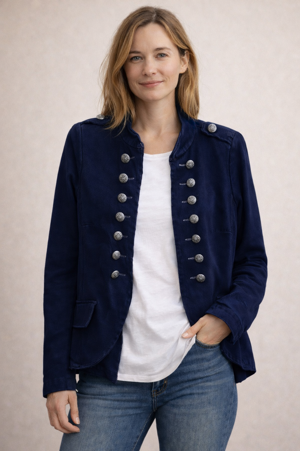 Women's Military Style Double-Breasted Blazer with Button Placket-The Yellow Prime
