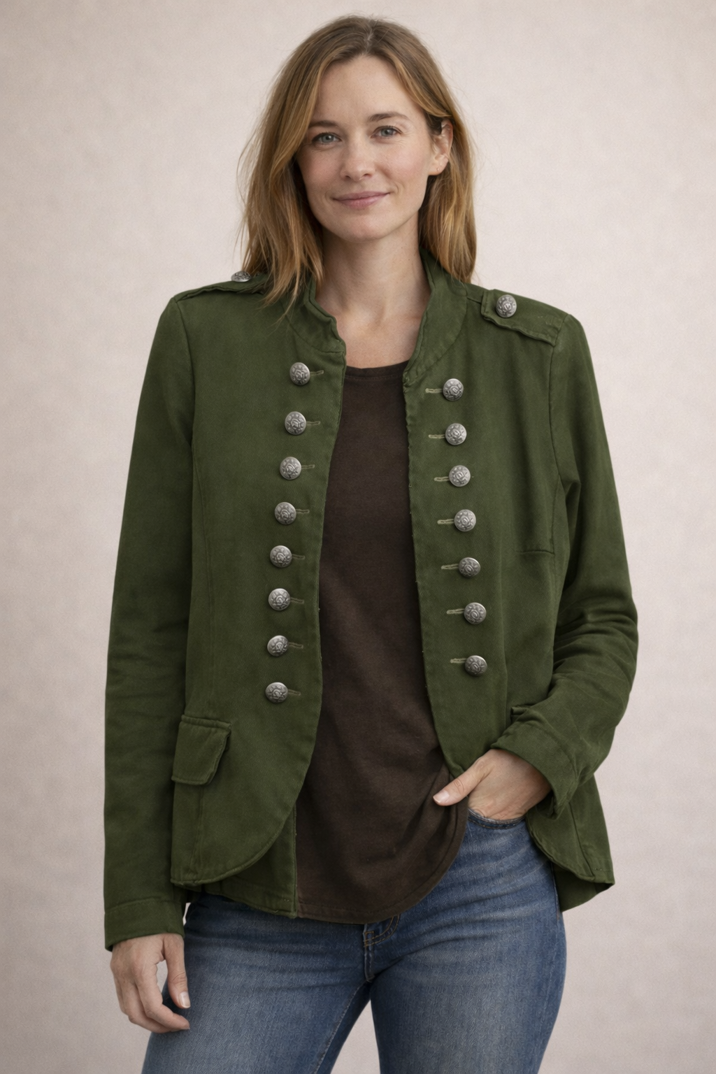 Women's Military Style Double-Breasted Blazer with Button Placket-The Yellow Prime