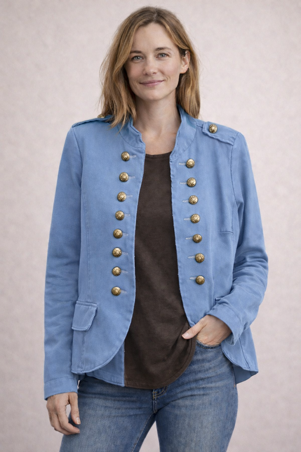 Women's Military Style Double-Breasted Blazer with Button Placket-The Yellow Prime