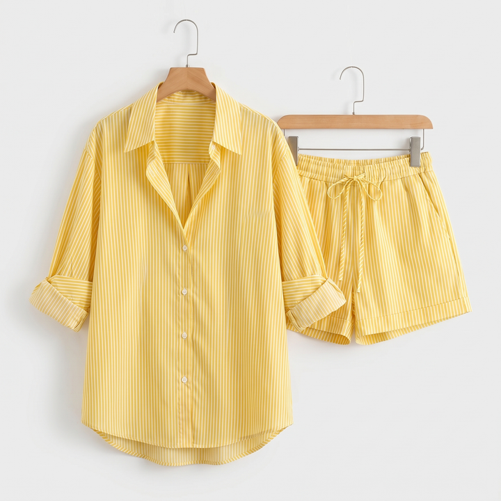 Women's Cotton Stripe Button-Up Top and Elastic Waist Shorts Set