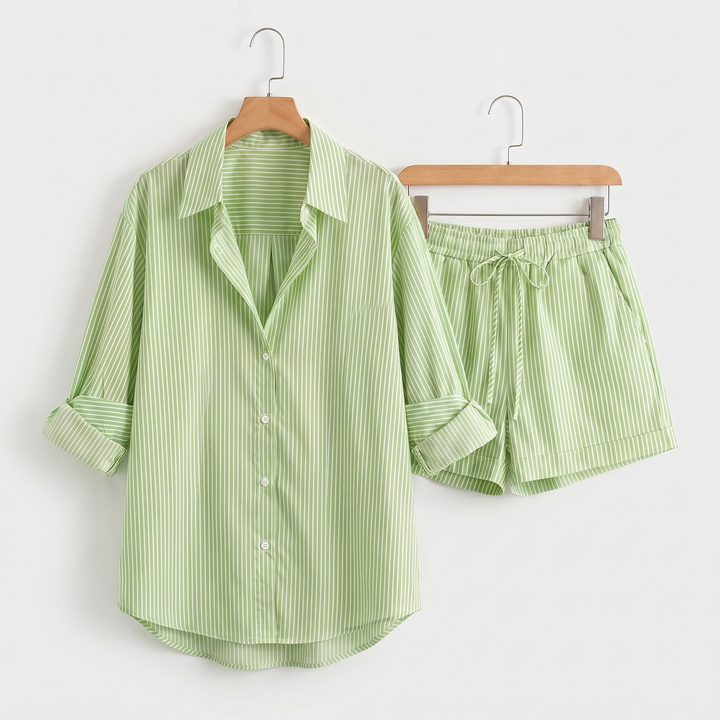 Women's Cotton Stripe Button-Up Top and Elastic Waist Shorts Set