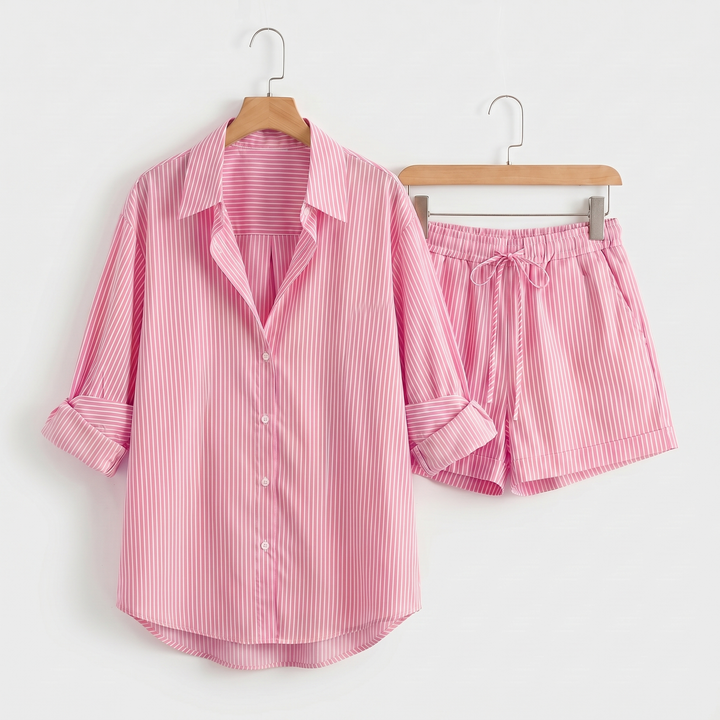 Women's Cotton Stripe Button-Up Top and Elastic Waist Shorts Set