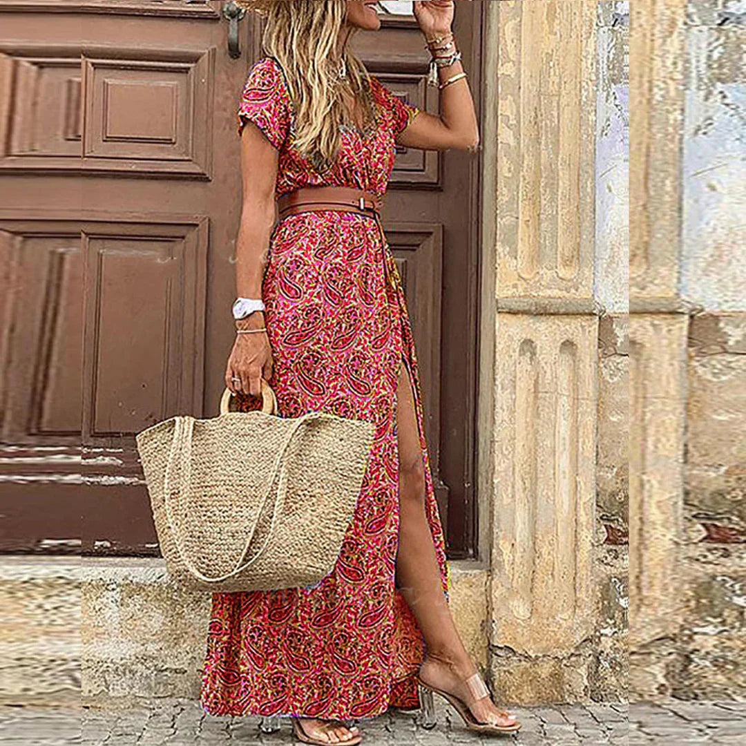 Davina | Women's V-Neck Printed Split Maxi Dress-The Yellow Prime