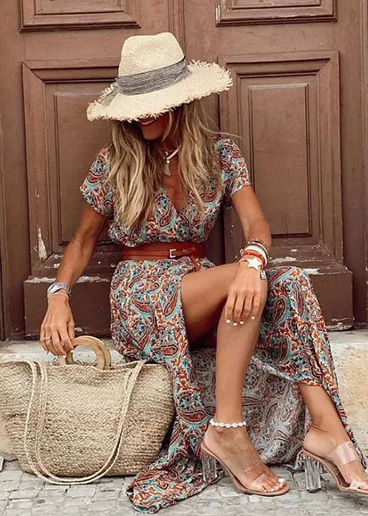 Davina | Women's V-Neck Printed Split Maxi Dress-The Yellow Prime
