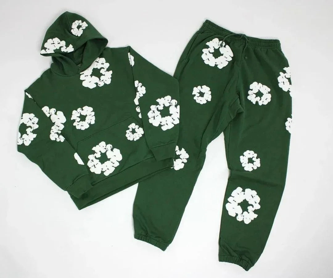 Denim Tears Printed Tracksuit Set for Men & Women – Casual Streetwear Outfit Dark green suit
