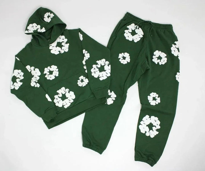 Denim Tears Printed Tracksuit Set for Men & Women – Casual Streetwear Outfit Dark green suit