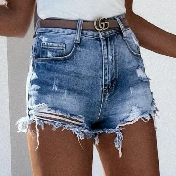 Denis | Women's Stylish High Waist Denim Shorts with Fringes-The Yellow Prime