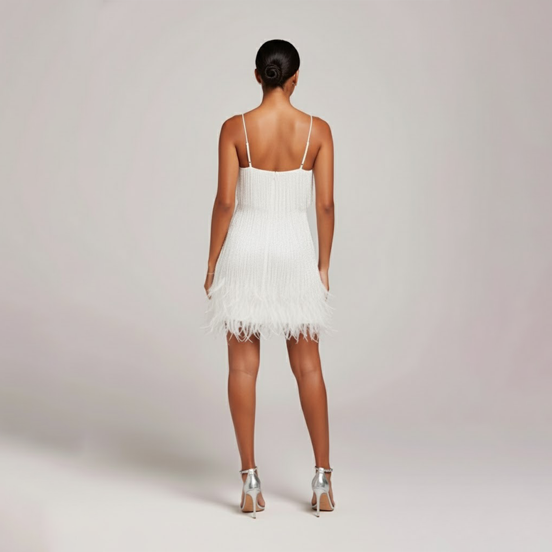 Donatella | Women's Mini Party Dress with Fringes and Feathers-The Yellow Prime