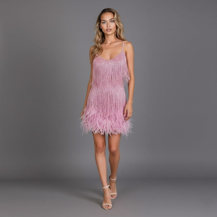 Donatella | Women's Mini Party Dress with Fringes and Feathers-The Yellow Prime