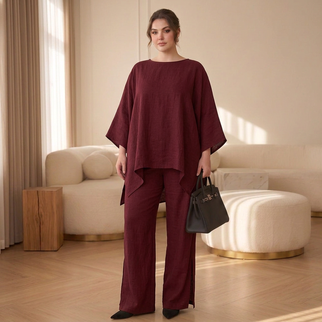 Ensemble pour femme avec tunique superposée à épaules dénudées et pantalon large