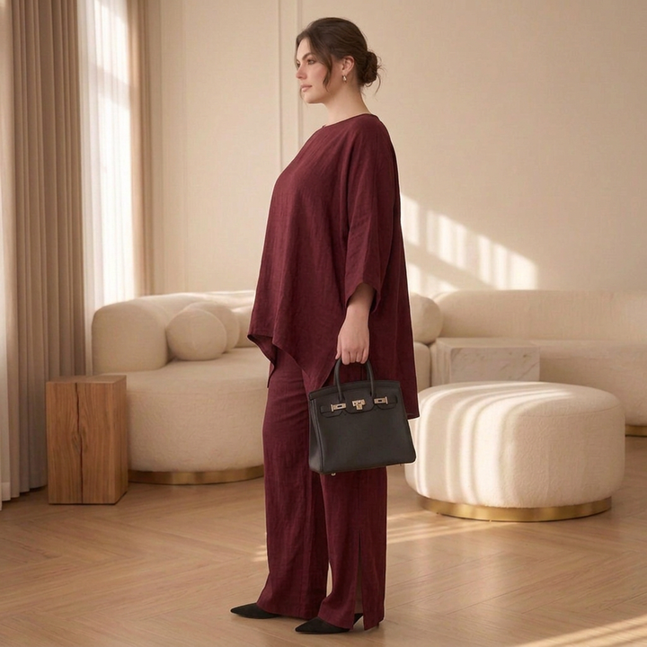 Ensemble pour femme avec tunique superposée à épaules dénudées et pantalon large