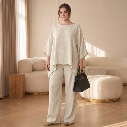Conjunto de túnica superpuesta con hombros descubiertos y pantalón de pierna ancha para mujer