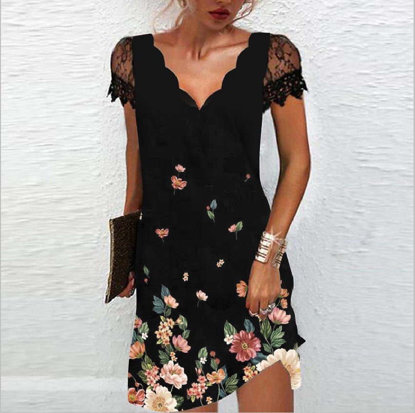 Sophia | Women's Lace Sleeve Scalloped Neck Dress-The Yellow Prime