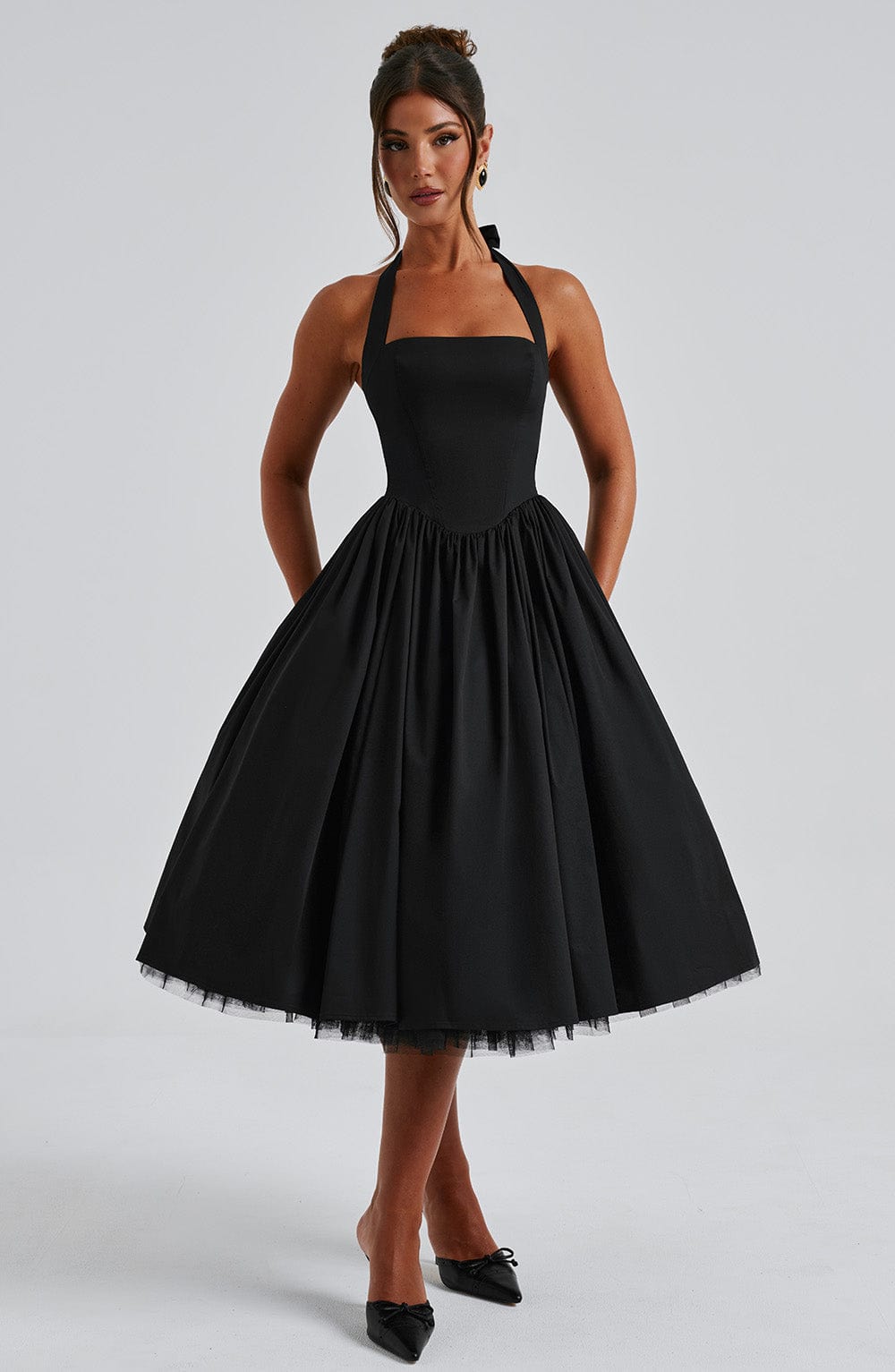 Teresa | Women's Chic Halter Midi Dress for Wedding Guests-The Yellow Prime