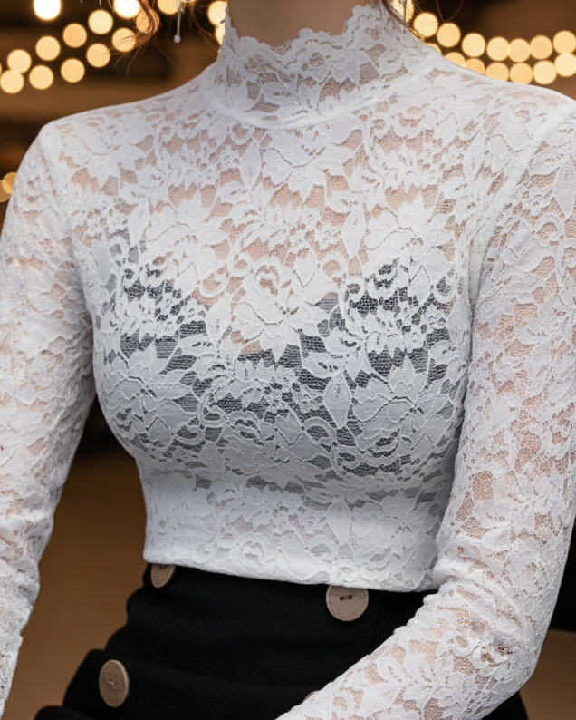 Emily | Women's Lace High-Neck Blouse-The Yellow Prime