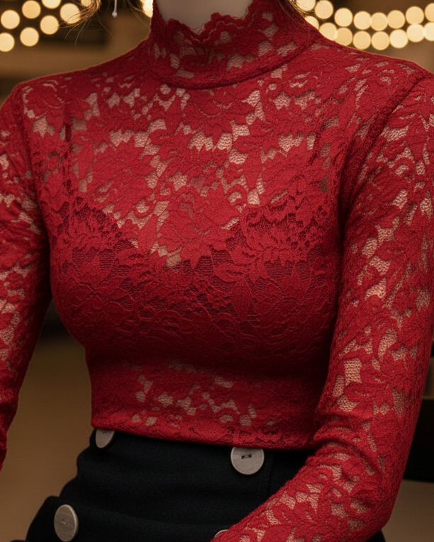 Emily | Women's Lace High-Neck Blouse-The Yellow Prime
