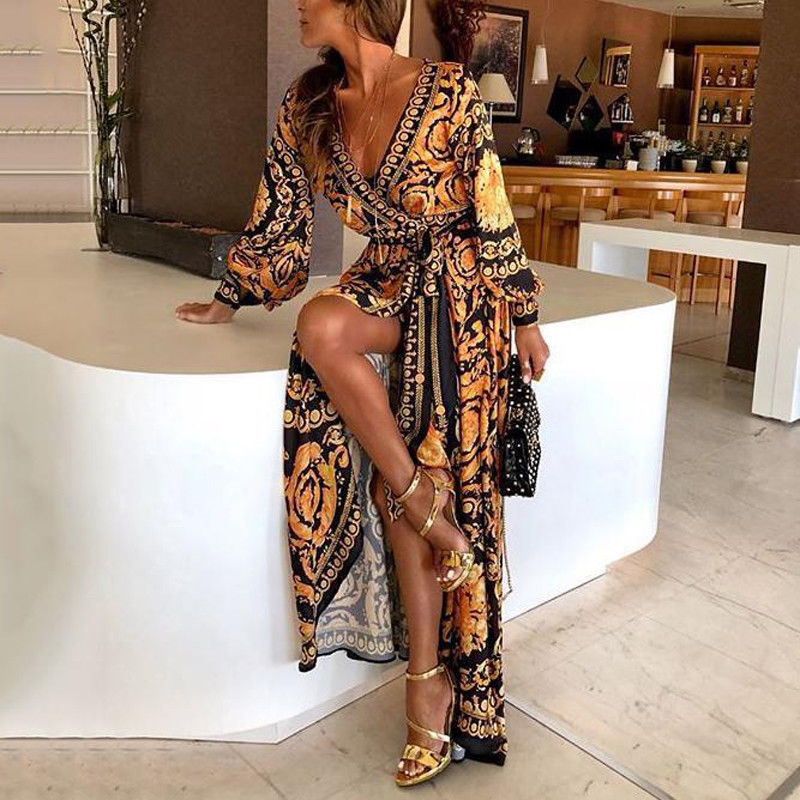 Morry | Women's Boho Floral Long Sleeve Maxi Dress-The Yellow Prime