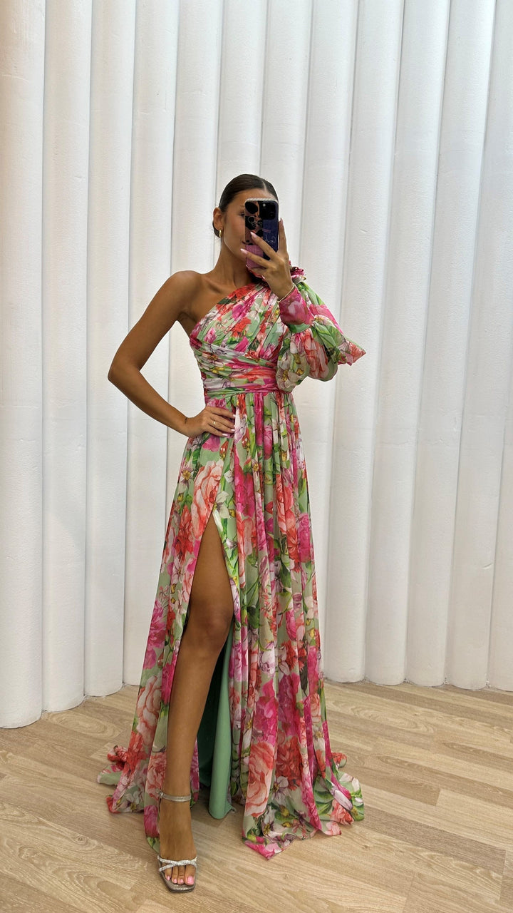 Emily | Women's Elegant Floral One Shoulder Maxi Dress-The Yellow Prime