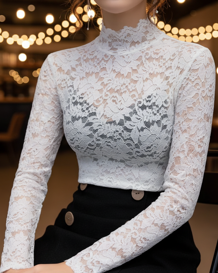 Emily | Women's Lace High-Neck Blouse-The Yellow Prime