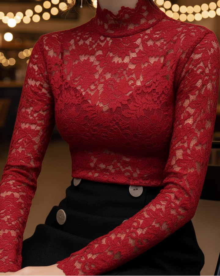 Emily | Women's Lace High-Neck Blouse-The Yellow Prime