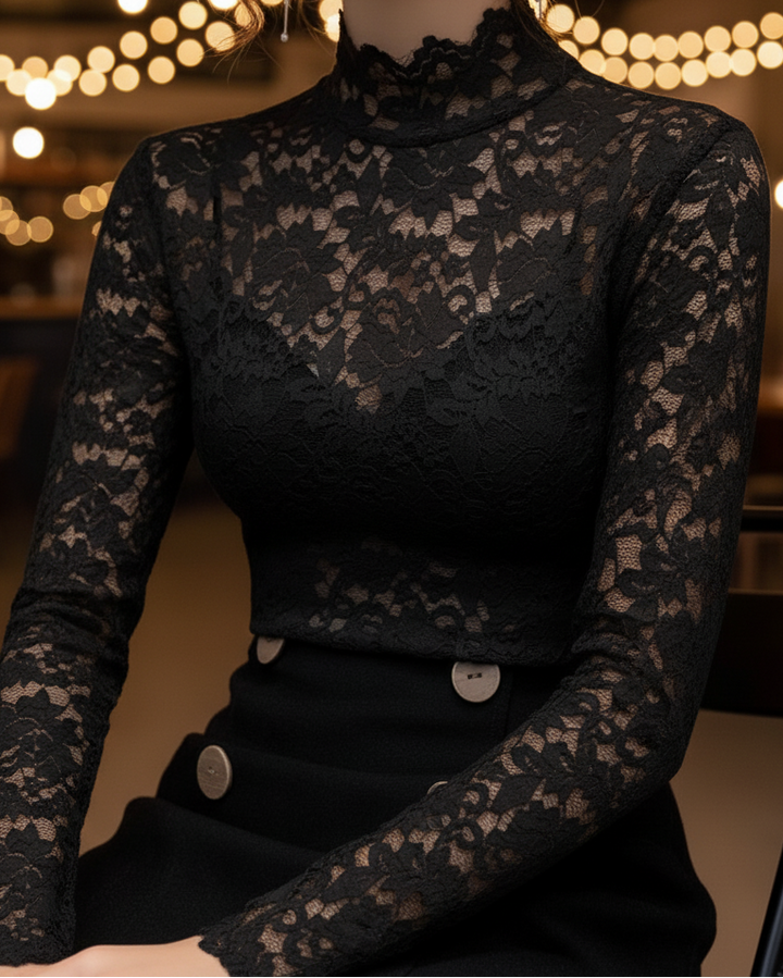 Emily | Women's Lace High-Neck Blouse-The Yellow Prime