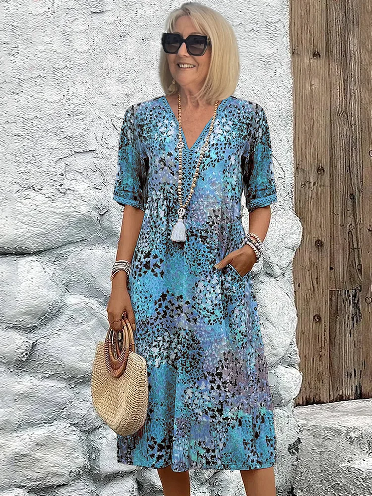 Emily | Women's Summer Dress - V-Neck, Allover Pattern, Knee-Length, Comfortable-The Yellow Prime
