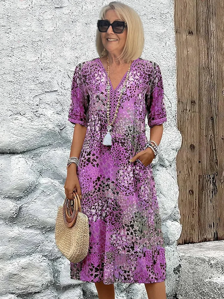 Emily | Women's Summer Dress - V-Neck, Allover Pattern, Knee-Length, Comfortable-The Yellow Prime