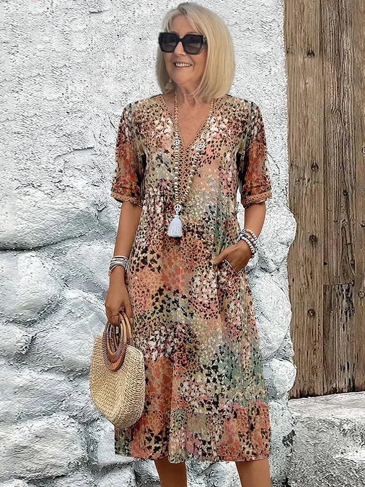 Emily | Women's Summer Dress - V-Neck, Allover Pattern, Knee-Length, Comfortable-The Yellow Prime