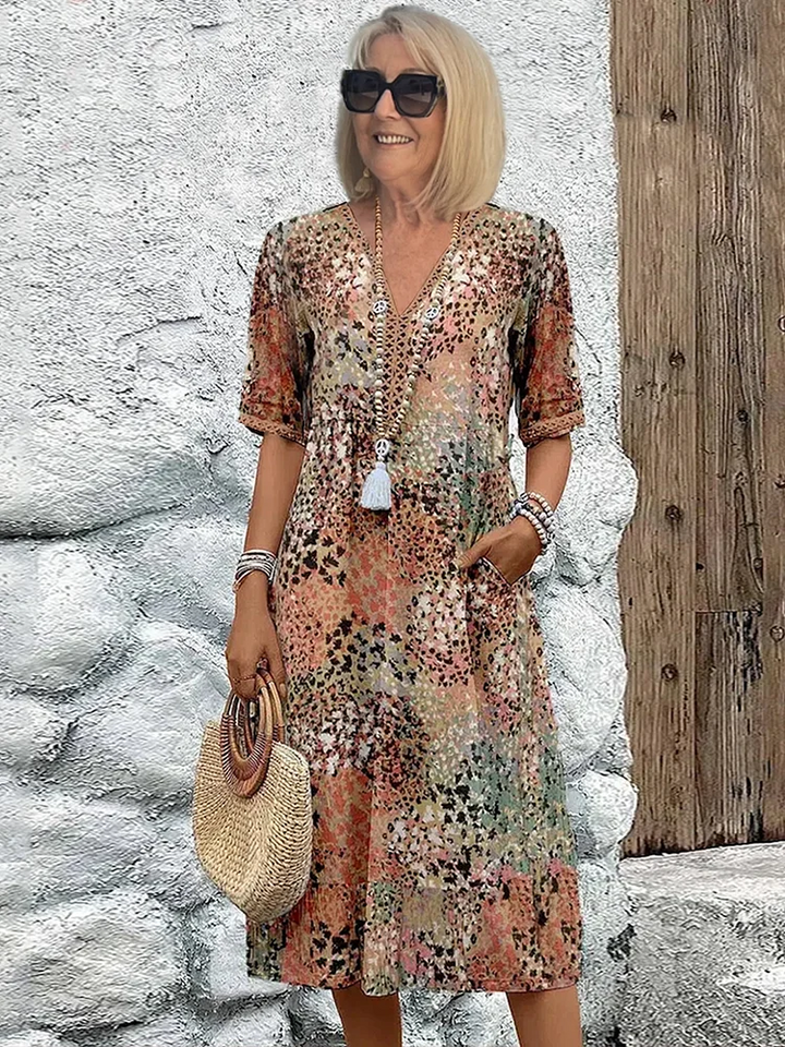 Emily | Women's Summer Dress - V-Neck, Allover Pattern, Knee-Length, Comfortable-The Yellow Prime