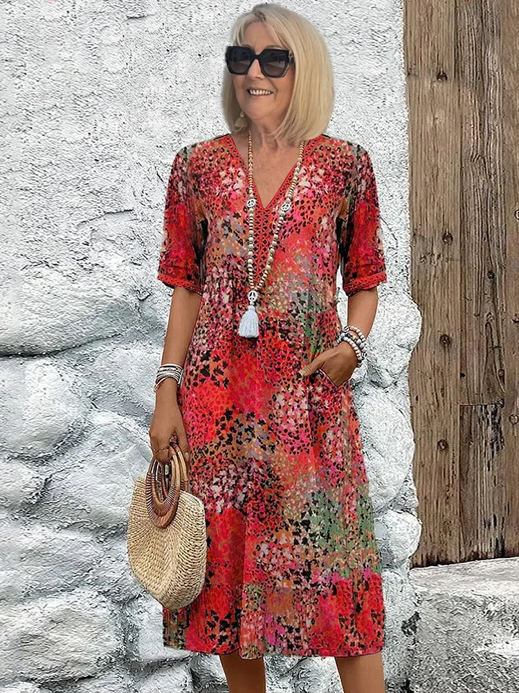 Emily | Women's Summer Dress - V-Neck, Allover Pattern, Knee-Length, Comfortable-The Yellow Prime