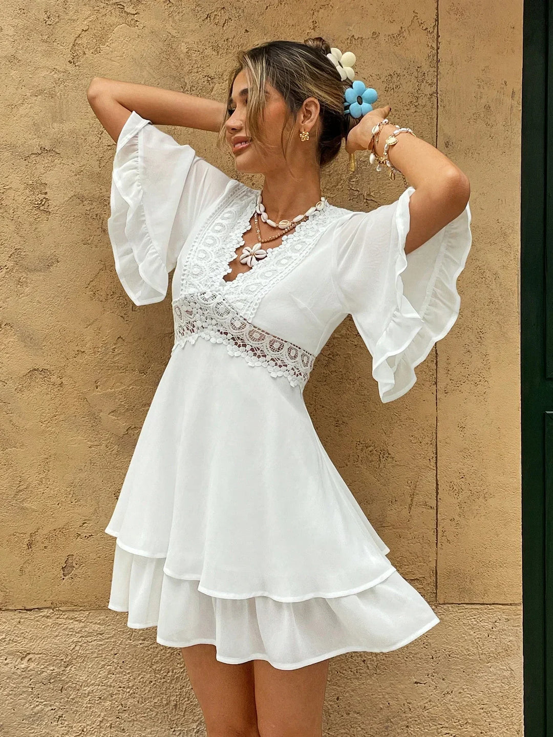 Emily | Women's White Boho Summer Dress with Lace Ruffles, V-Neck, Loose Fit-The Yellow Prime
