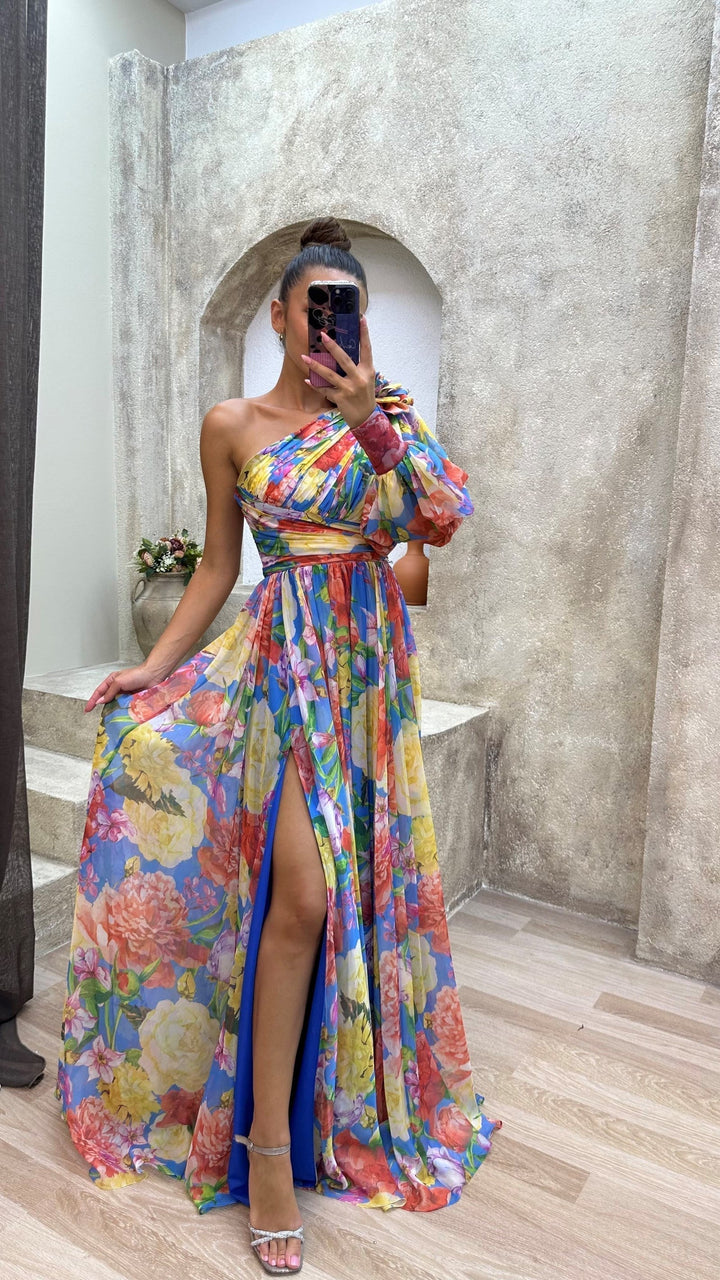 Emily | Women's Elegant Floral One Shoulder Maxi Dress-The Yellow Prime