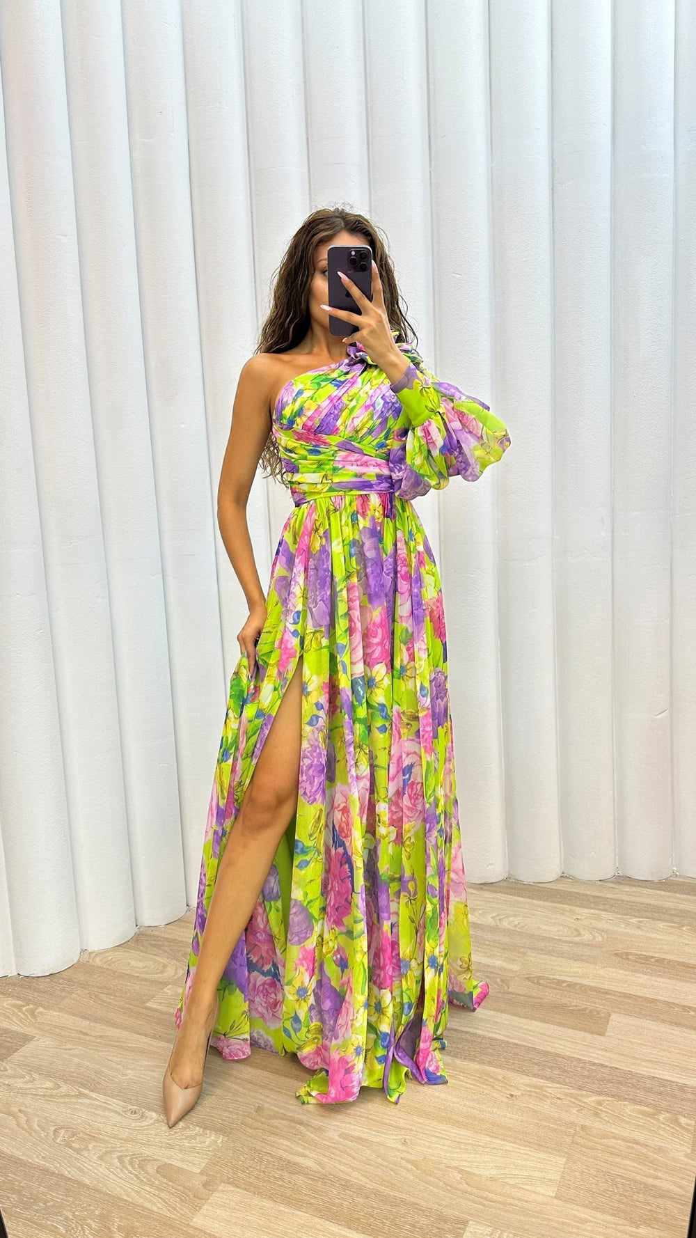 Emily | Women's Elegant Floral One Shoulder Maxi Dress-The Yellow Prime