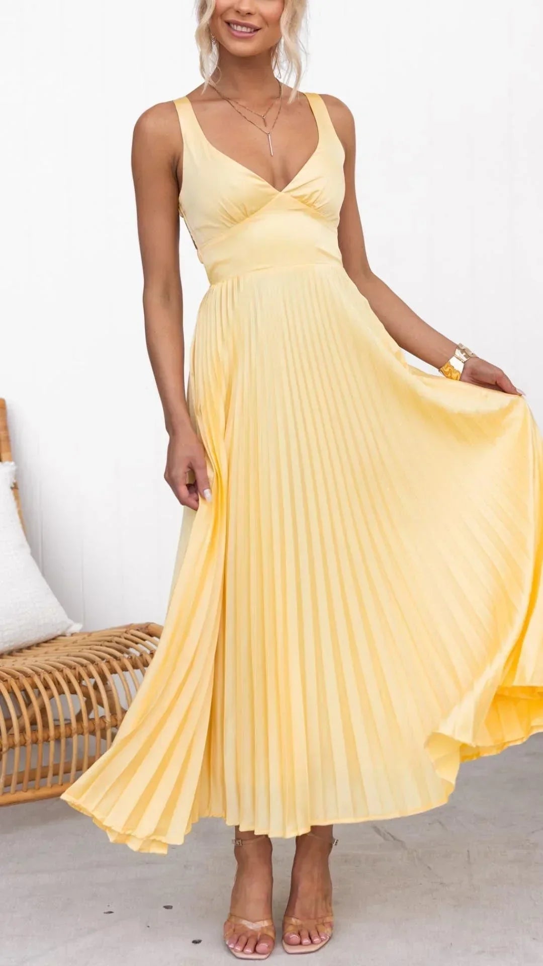 Sophia | Women's V-Neck Pleated Maxi Dress-The Yellow Prime