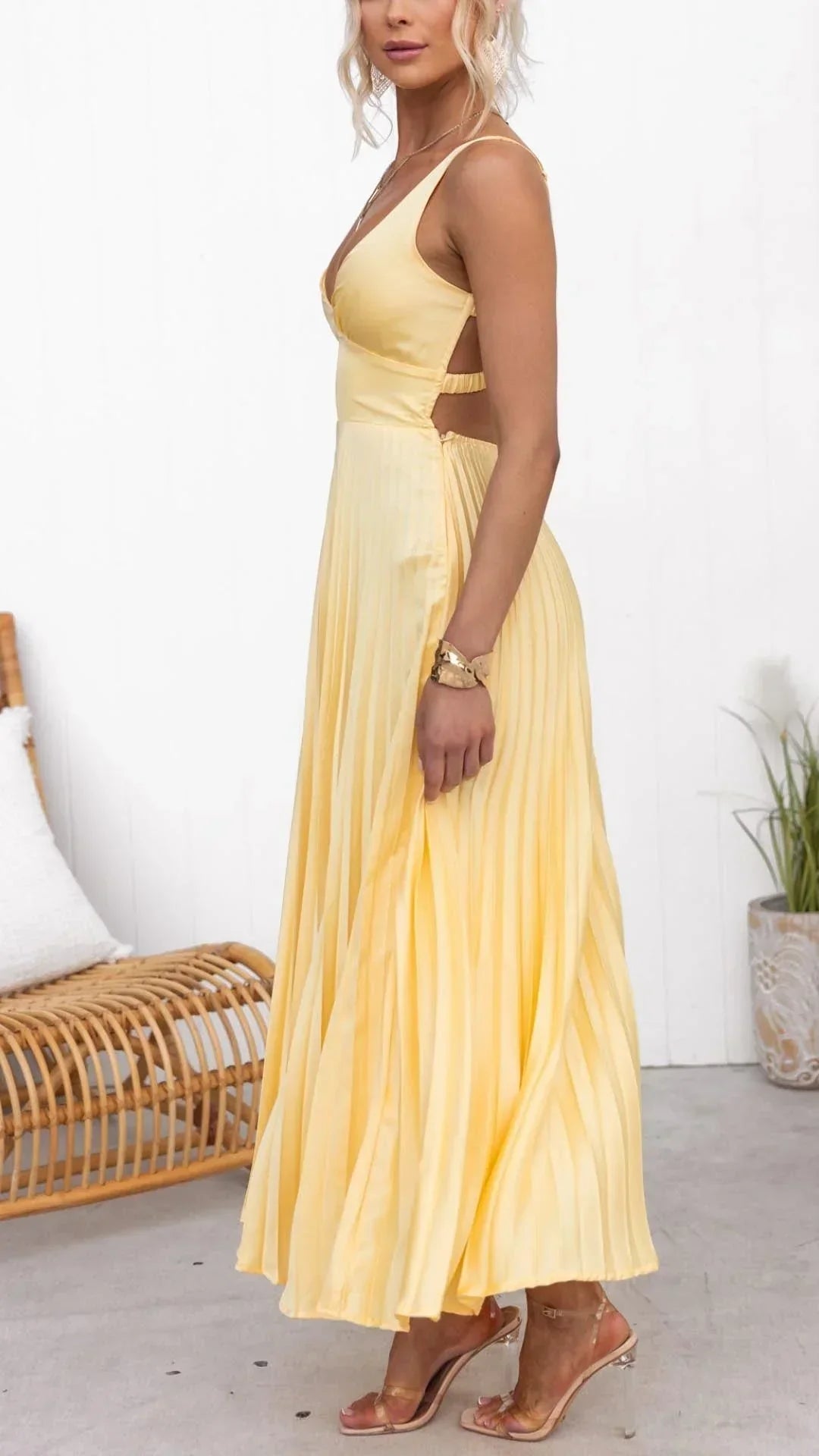 Sophia | Women's V-Neck Pleated Maxi Dress-The Yellow Prime