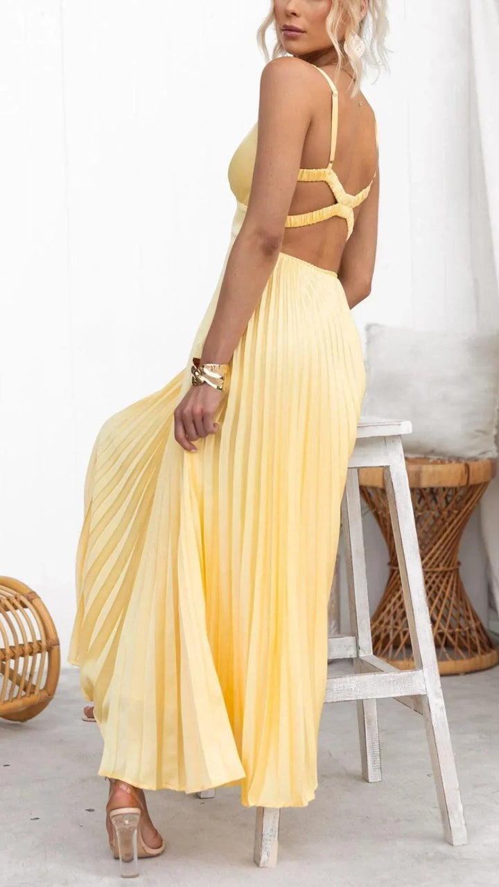 Sophia | Women's V-Neck Pleated Maxi Dress-The Yellow Prime