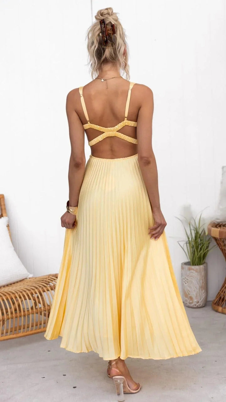 Sophia | Women's V-Neck Pleated Maxi Dress-The Yellow Prime