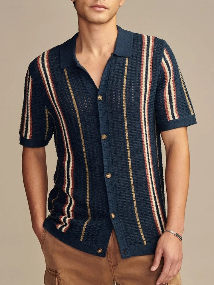 Sam | Men's Striped Soft Knit Polo Shirt-The Yellow Prime