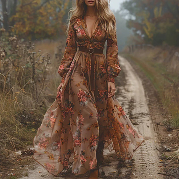 Eleanor | Women's Maxi Dress - Floral Print, Long Sleeve-The Yellow Prime