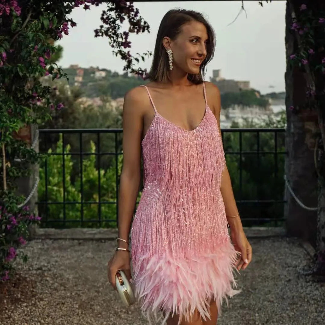 Eula | Women's Stunning Feather Mini Dress-The Yellow Prime